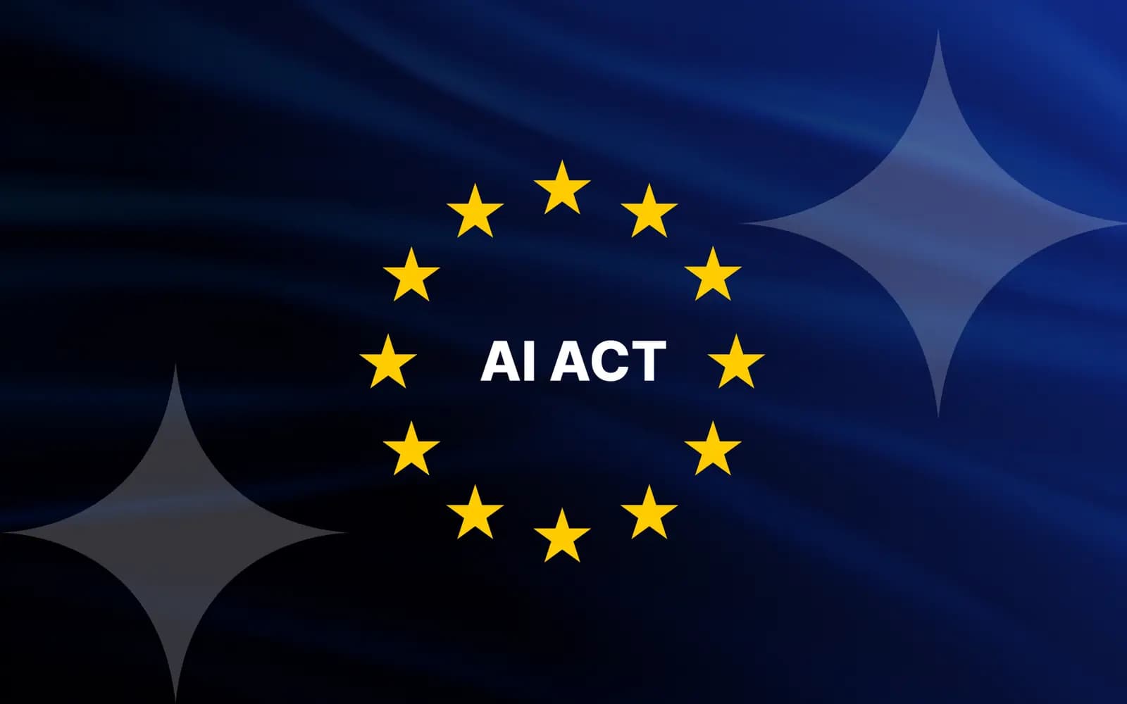 EU:s AI-förordning - EU:s stjärncirkel med orden AI ACT på en mörkblå flaggbakgrund