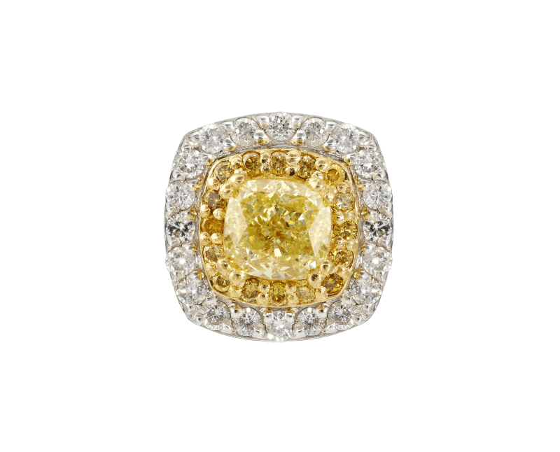 Halo-ring med gul fancy-diamant i cushion-slipning, ovanifrån