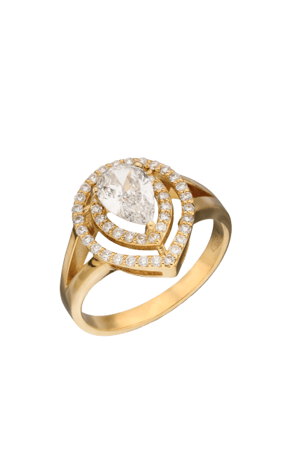 Ring i gult guld med droppslipad diamant och halo