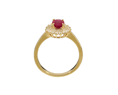 Ring i gult guld med oval rubin och diamanthalo