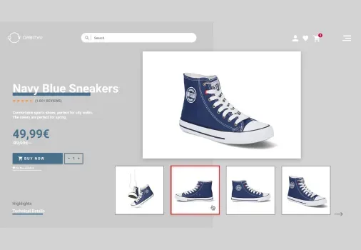 Gränssnitt för produktsida med marinblå sneakers