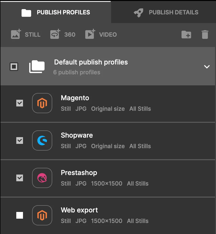 Publiceringsprofiler i Orbitvu Station för Magento, Shopware och PrestaShop