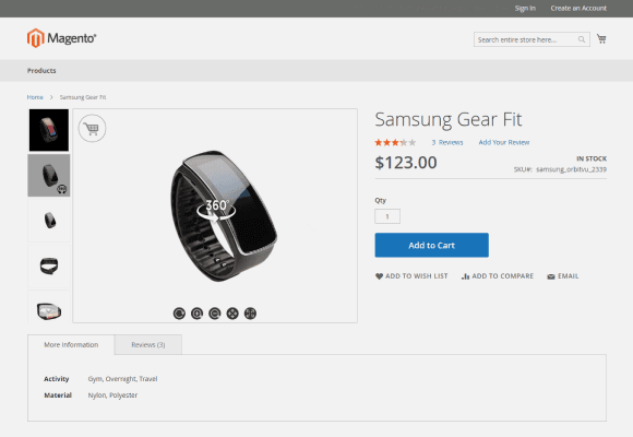 Produktsida för Samsung Gear Fit med 360-graders vy i Magento