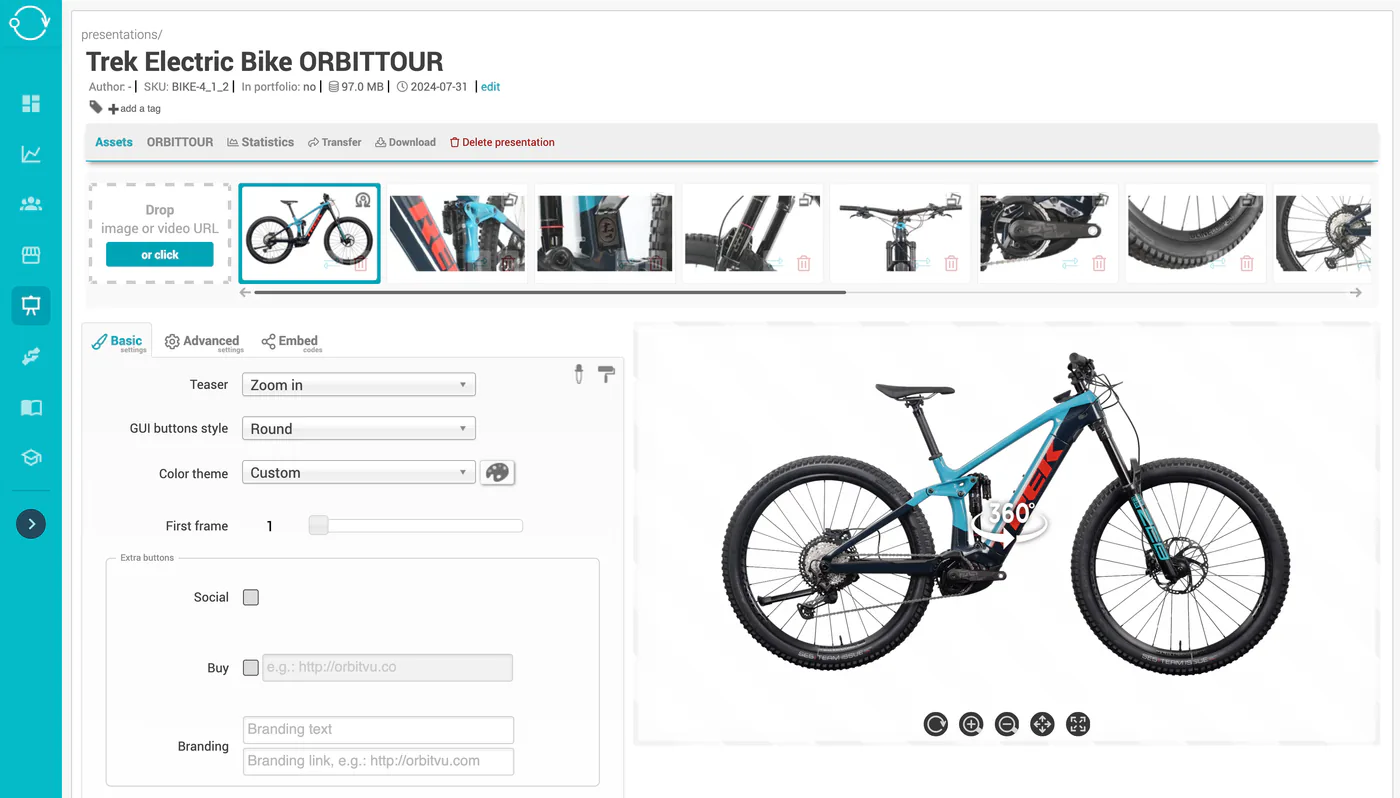 Orbitvu Clouds redigerare för produktvisningar med en 360°-bild av en cykel