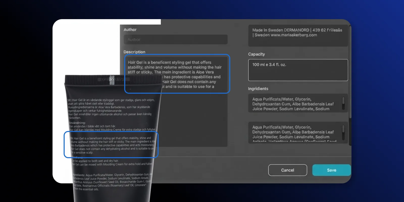 AI OCR extraherar en produktbeskrivning och volym från en produktetikett i Orbitvu Station