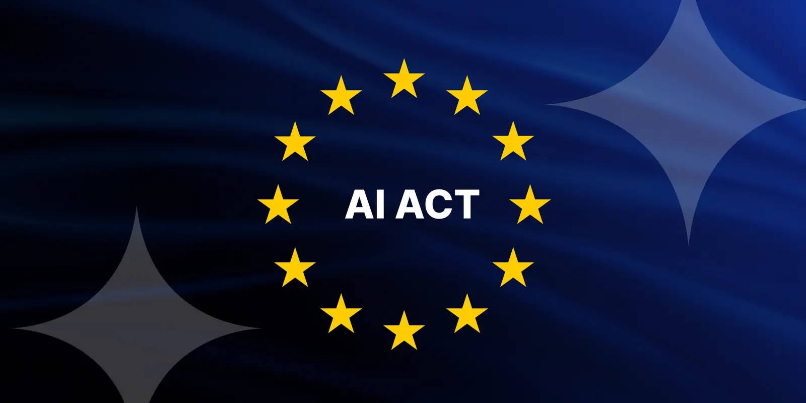 EU:s AI-förordning - EU:s stjärncirkel med orden AI ACT på en mörkblå flaggbakgrund