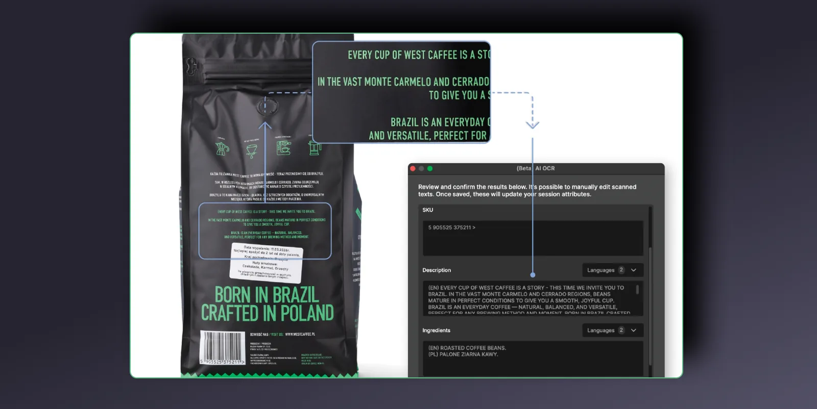 AI OCR i Orbitvu Station läser av artikelnummer, beskrivning och ingredienser från en produktförpackning till sessionens attribut